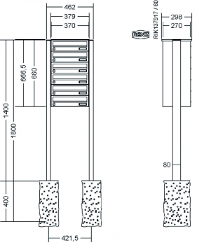 RENZ Briefkastenanlage freistehend, Basic B, Kastenformat 370x110x270mm, 6-teilig, zum Einbetonieren